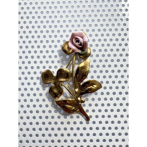 Vintage Porcelain Pink Rose Gold-Tone Floral Brooch - Picture 2 of 7